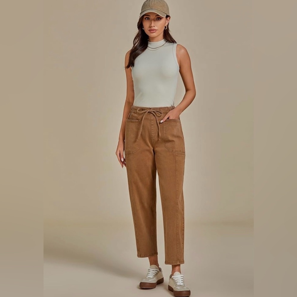 Flamingals Barrel Jeans Trendy High Waisted Pull On Drawstring Elastic Waist